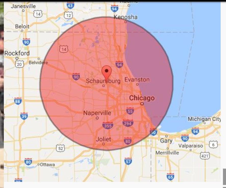 Provided map showing the Greater Chicago service area around Schaumburg, Chicago, Evanston, Naperville, and Joliet